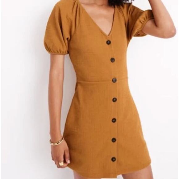 Madewell Texture & Thread Women's Mustard Yellow Puff Sleeve Mini Dress Small - Picture 1 of 10